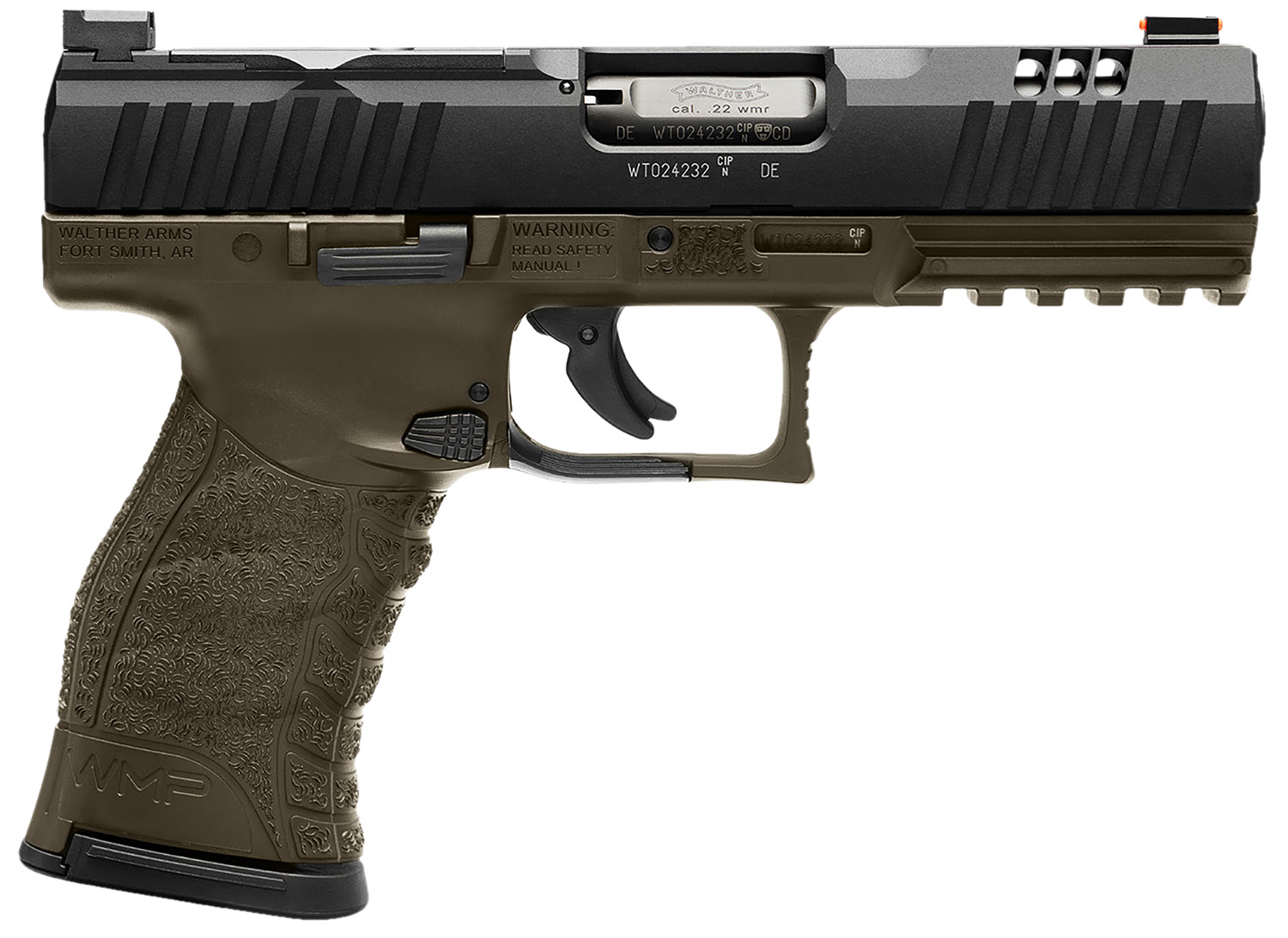 Walther Arms 5220307 WMP Full Size Frame 22 WMR 15+1 4.50″ Black Steel Barrel, Black Optic Ready/Serrated Slide, OD Green Polymer Frame w/Picatinny Rail, Textured Polymer Grip