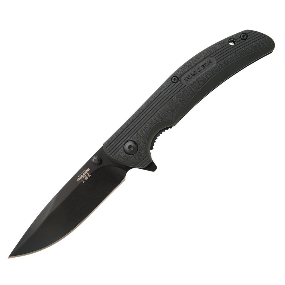 Bear & Son Sideliner Folding Knife 3-3/4" Drop Point Blade Black Zytel with Flipper